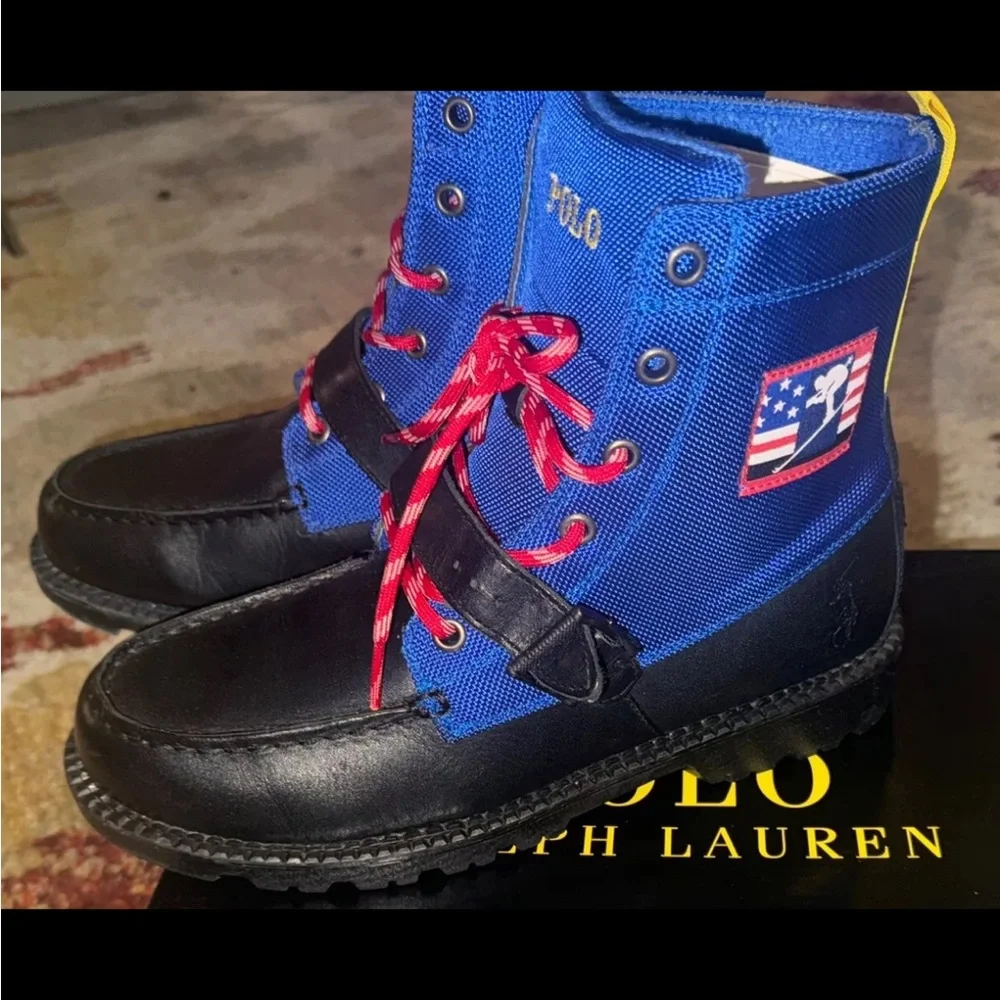Polo Ralph Lauren RANGER HIGH II Black Leather Blue Upper Boys Size 5.5M